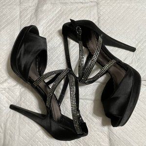 PRICE DROP-Lulu Townsend Valdez Platform Satin Rhinestone Sandal-BLACK/SILVER 9M